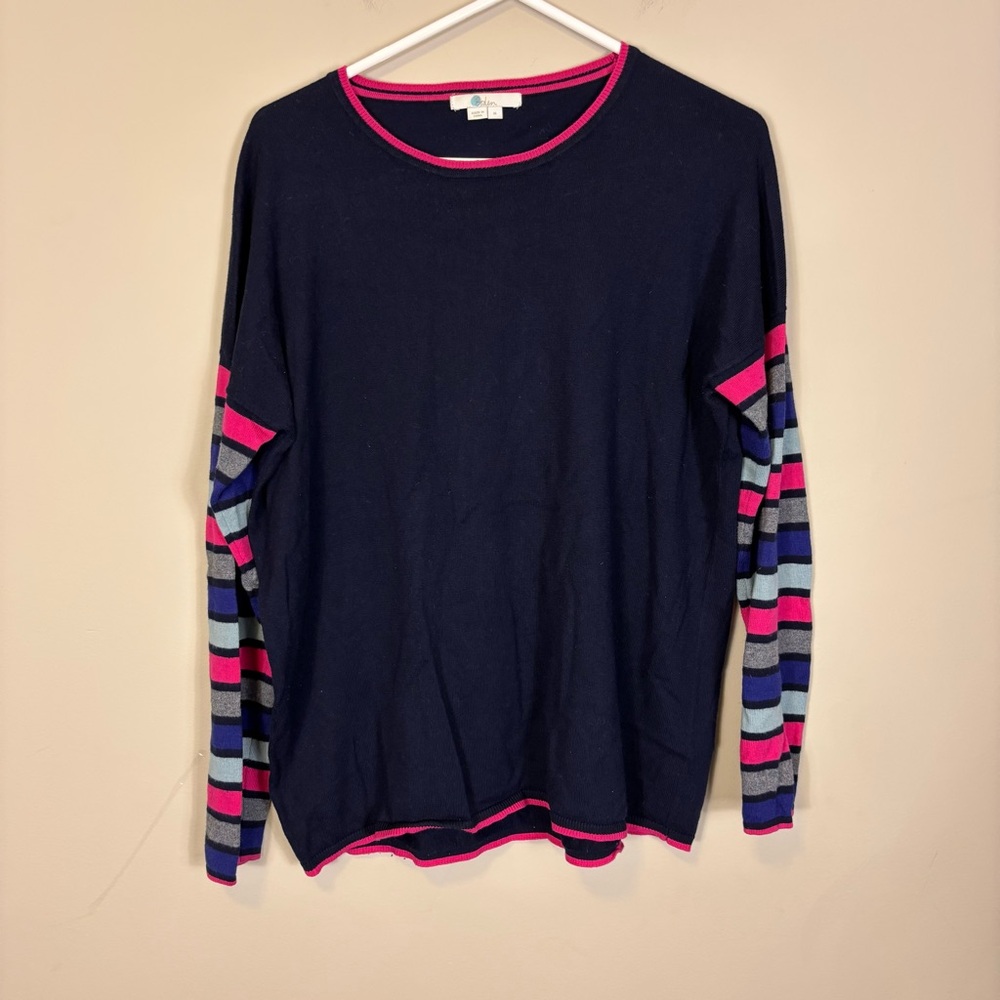 Boden Navy Top with Pink and Blue Striped Sleeves Wool/Cotton Medium
